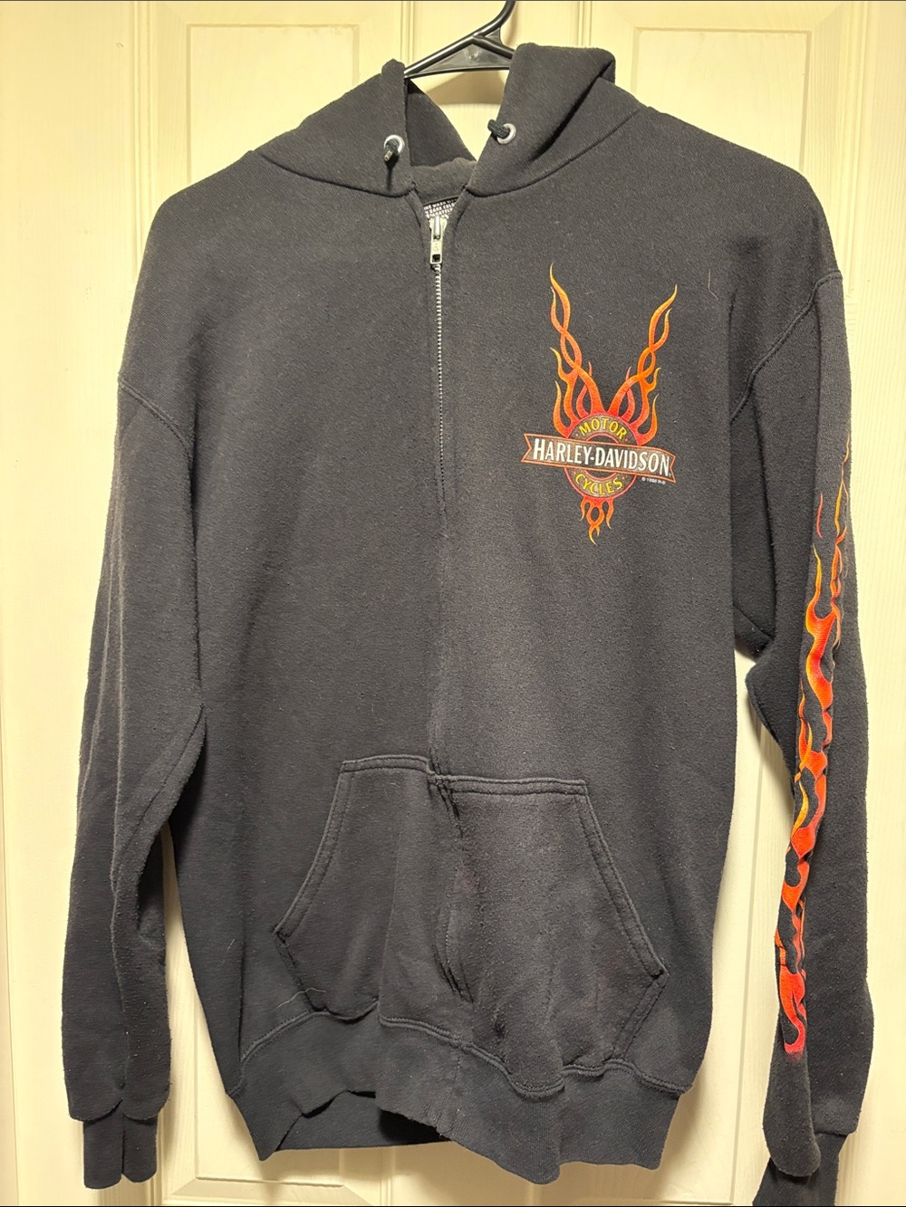 Harley-Davidson Black Zip Hoodie with Orange Flame Graphics